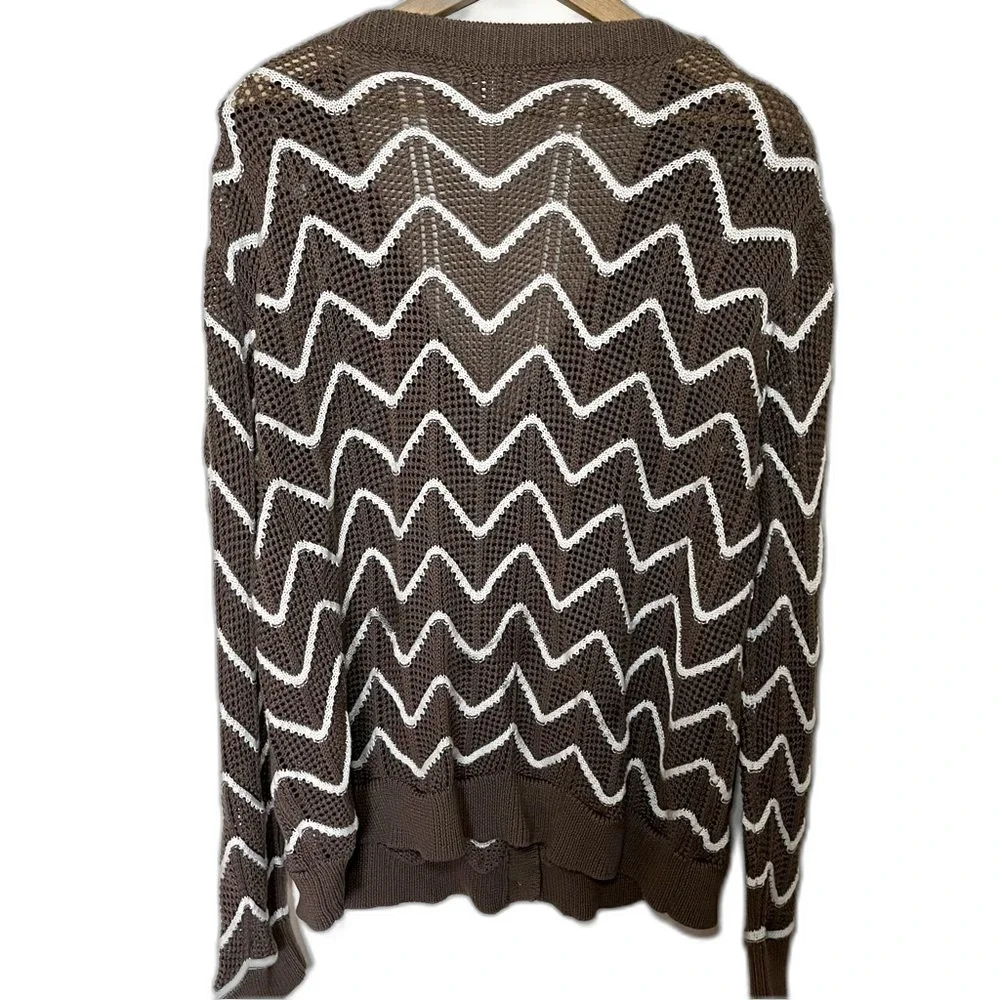 Andree by Unit Women’s Plus V-Neck Cardigan Loose Weave Chevron Stripe Brown 1X